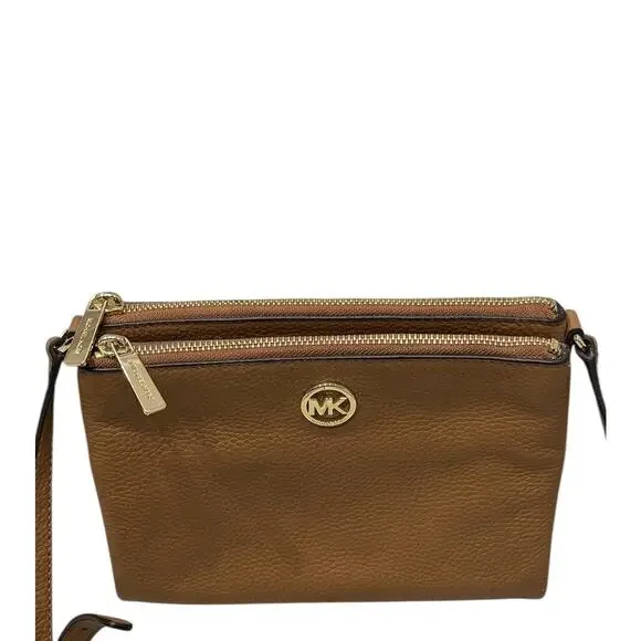 Michael Kors Fulton Double Zip Crossbody Pebble Leather Brown W/ Gold Hardware - Picture 12 of 12